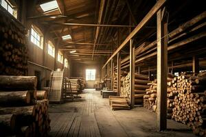 Wooden plank or board in the lumber mill industry. Stack of logs and wood in the sawmill production concept by AI Generated photo