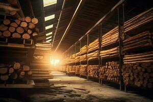 Wooden plank or board in the lumber mill industry. Stack of logs and wood in the sawmill production concept by AI Generated photo