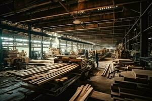 de madera tablón o tablero en el Tablas de madera molino industria. apilar de registros y madera en el aserradero producción concepto por ai generado foto