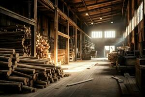 de madera tablón o tablero en el Tablas de madera molino industria. apilar de registros y madera en el aserradero producción concepto por ai generado foto