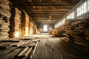 Wooden plank or board in the lumber mill industry. Stack of logs and wood in the sawmill production concept by AI Generated photo