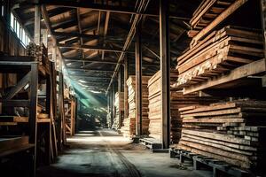 Wooden plank or board in the lumber mill industry. Stack of logs and wood in the sawmill production concept by AI Generated photo