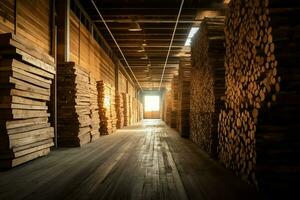 de madera tablón o tablero en el Tablas de madera molino industria. apilar de registros y madera en el aserradero producción concepto por ai generado foto