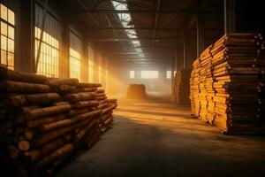 Wooden plank or board in the lumber mill industry. Stack of logs and wood in the sawmill production concept by AI Generated photo