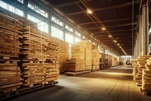 Wooden plank or board in the lumber mill industry. Stack of logs and wood in the sawmill production concept by AI Generated photo