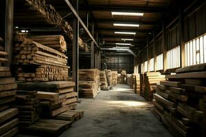 Wooden plank or board in the lumber mill industry. Stack of logs and wood in the sawmill production concept by AI Generated photo