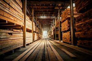 de madera tablón o tablero en el Tablas de madera molino industria. apilar de registros y madera en el aserradero producción concepto por ai generado foto