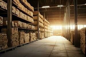 Wooden plank or board in the lumber mill industry. Stack of logs and wood in the sawmill production concept by AI Generated photo