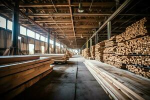 de madera tablón o tablero en el Tablas de madera molino industria. apilar de registros y madera en el aserradero producción concepto por ai generado foto