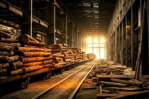 Wooden plank or board in the lumber mill industry. Stack of logs and wood in the sawmill production concept by AI Generated photo