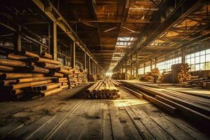 de madera tablón o tablero en el Tablas de madera molino industria. apilar de registros y madera en el aserradero producción concepto por ai generado foto