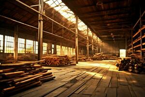 Wooden plank or board in the lumber mill industry. Stack of logs and wood in the sawmill production concept by AI Generated photo