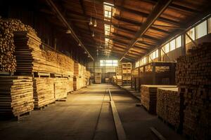 Wooden plank or board in the lumber mill industry. Stack of logs and wood in the sawmill production concept by AI Generated photo