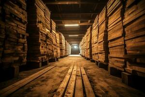 Wooden plank or board in the lumber mill industry. Stack of logs and wood in the sawmill production concept by AI Generated photo