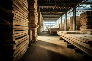 de madera tablón o tablero en el Tablas de madera molino industria. apilar de registros y madera en el aserradero producción concepto por ai generado foto