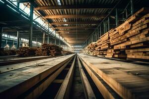 Wooden plank or board in the lumber mill industry. Stack of logs and wood in the sawmill production concept by AI Generated photo