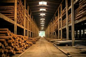 de madera tablón o tablero en el Tablas de madera molino industria. apilar de registros y madera en el aserradero producción concepto por ai generado foto