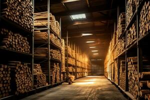 Wooden plank or board in the lumber mill industry. Stack of logs and wood in the sawmill production concept by AI Generated photo