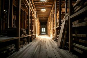 Wooden plank or board in the lumber mill industry. Stack of logs and wood in the sawmill production concept by AI Generated photo