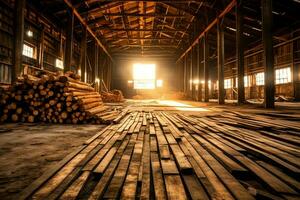 Wooden plank or board in the lumber mill industry. Stack of logs and wood in the sawmill production concept by AI Generated photo