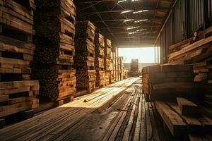 de madera tablón o tablero en el Tablas de madera molino industria. apilar de registros y madera en el aserradero producción concepto por ai generado foto