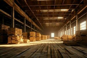 Wooden plank or board in the lumber mill industry. Stack of logs and wood in the sawmill production concept by AI Generated photo