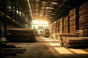 Wooden plank or board in the lumber mill industry. Stack of logs and wood in the sawmill production concept by AI Generated photo