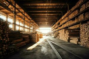 Wooden plank or board in the lumber mill industry. Stack of logs and wood in the sawmill production concept by AI Generated photo