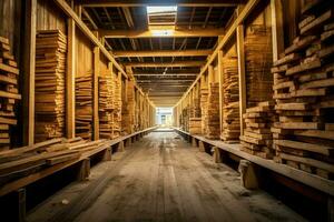 Wooden plank or board in the lumber mill industry. Stack of logs and wood in the sawmill production concept by AI Generated photo