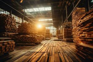 de madera tablón o tablero en el Tablas de madera molino industria. apilar de registros y madera en el aserradero producción concepto por ai generado foto