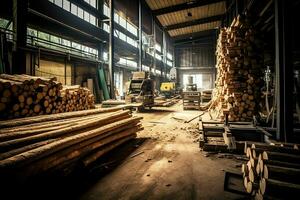 de madera tablón o tablero en el Tablas de madera molino industria. apilar de registros y madera en el aserradero producción concepto por ai generado foto