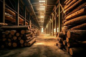 de madera tablón o tablero en el Tablas de madera molino industria. apilar de registros y madera en el aserradero producción concepto por ai generado foto