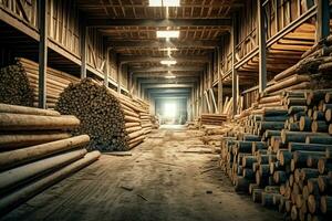 Wooden plank or board in the lumber mill industry. Stack of logs and wood in the sawmill production concept by AI Generated photo
