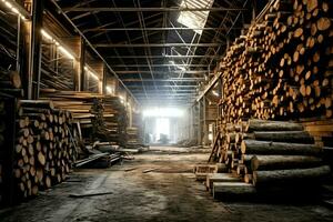 Wooden plank or board in the lumber mill industry. Stack of logs and wood in the sawmill production concept by AI Generated photo