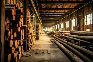 Wooden plank or board in the lumber mill industry. Stack of logs and wood in the sawmill production concept by AI Generated photo