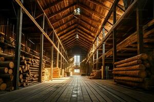 Wooden plank or board in the lumber mill industry. Stack of logs and wood in the sawmill production concept by AI Generated photo