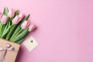 decorativo de tulipanes flores ramo de flores o envuelto regalo caja. para madres día o enamorado con copyspace concepto por ai generado foto