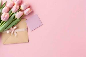 decorativo de tulipanes flores ramo de flores o envuelto regalo caja. para madres día o enamorado con copyspace concepto por ai generado foto