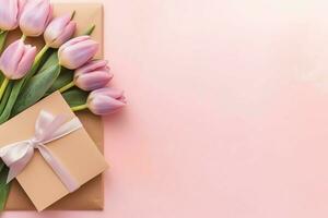 decorativo de tulipanes flores ramo de flores o envuelto regalo caja. para madres día o enamorado con copyspace concepto por ai generado foto