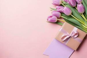 Decorative of tulips flowers bouquet or wrapped gift box. For mothers day or valentine with copyspace concept by AI Generated photo