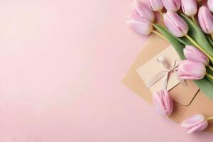 Decorative of tulips flowers bouquet or wrapped gift box. For mothers day or valentine with copyspace concept by AI Generated photo