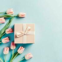 decorativo de tulipanes flores ramo de flores o envuelto regalo caja. para madres día o enamorado con copyspace concepto por ai generado foto