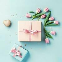 Decorative of tulips flowers bouquet or wrapped gift box. For mothers day or valentine with copyspace concept by AI Generated photo