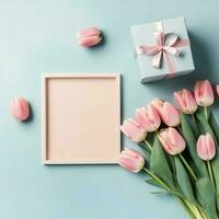 Decorative of tulips flowers bouquet or wrapped gift box. For mothers day or valentine with copyspace concept by AI Generated photo