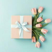 decorativo de tulipanes flores ramo de flores o envuelto regalo caja. para madres día o enamorado con copyspace concepto por ai generado foto