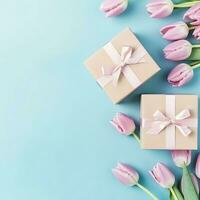 decorativo de tulipanes flores ramo de flores o envuelto regalo caja. para madres día o enamorado con copyspace concepto por ai generado foto