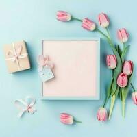 Decorative of tulips flowers bouquet or wrapped gift box. For mothers day or valentine with copyspace concept by AI Generated photo