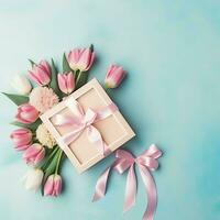 Decorative of tulips flowers bouquet or wrapped gift box. For mothers day or valentine with copyspace concept by AI Generated photo