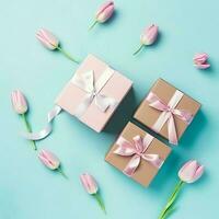 decorativo de tulipanes flores ramo de flores o envuelto regalo caja. para madres día o enamorado con copyspace concepto por ai generado foto
