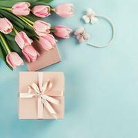 decorativo de tulipanes flores ramo de flores o envuelto regalo caja. para madres día o enamorado con copyspace concepto por ai generado foto